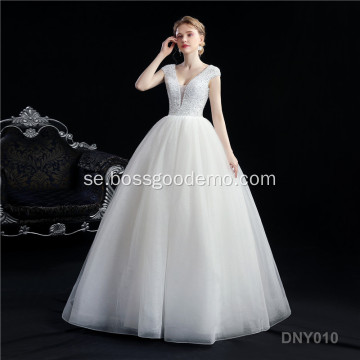 Designer Luxury Off-Shoulder Pearl Lace Sequins Maxi Kvinnor Vit Ball Lång Bröllop Bröllopklänningar